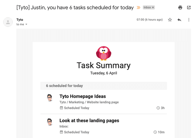 A screenshot of a daily task summary email, which will adorn your inbox from time to time.