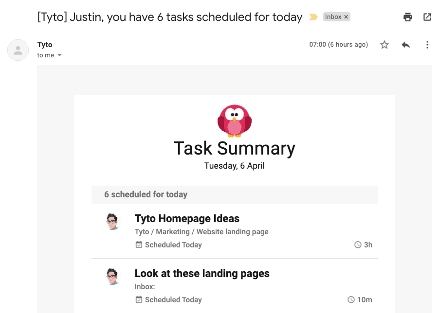 A screenshot of a daily task summary email, which will adorn your inbox from time to time.